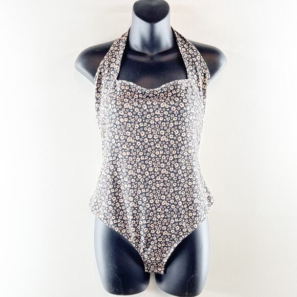 Free People Talk Back Square Neck Floral Halter Bodysuit Tank Top Black Medium - Picture 4 of 8